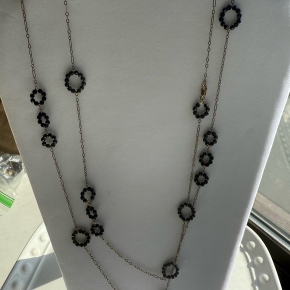 Gold Plated Necklace W/Black Crystal Circles Gold 14/20, 50”long,Verve NYC,Opera - Picture 5 of 11